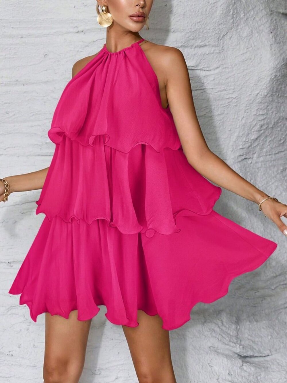 Hot Pink Casual Women's ruffled tiered haltered mini Dress - Picture 4 of 5